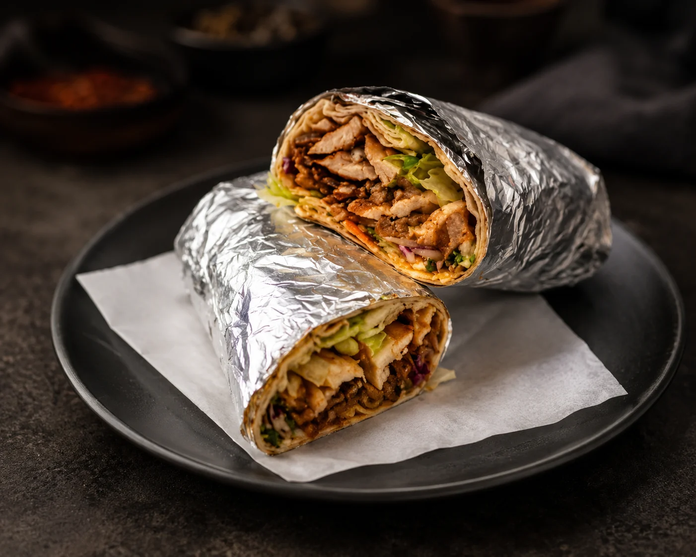 A doner kebab wrap sliced open, showing seasoned meat, melted cheese, and fresh cucumber