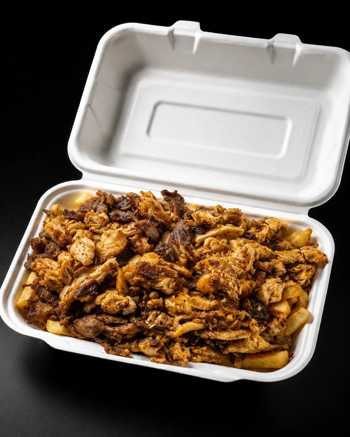 Carved doner meat and crispy chips on a plate, topped with garlic sauce and BBQ sauce