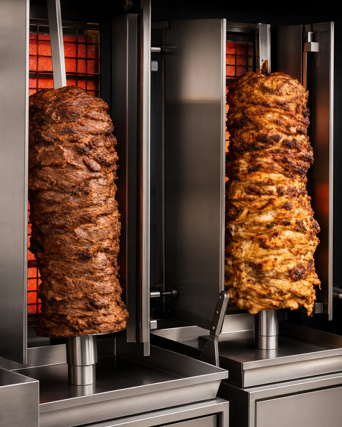 Halal doner meat slowly cooking on a vertical rotisserie with warm fire glow