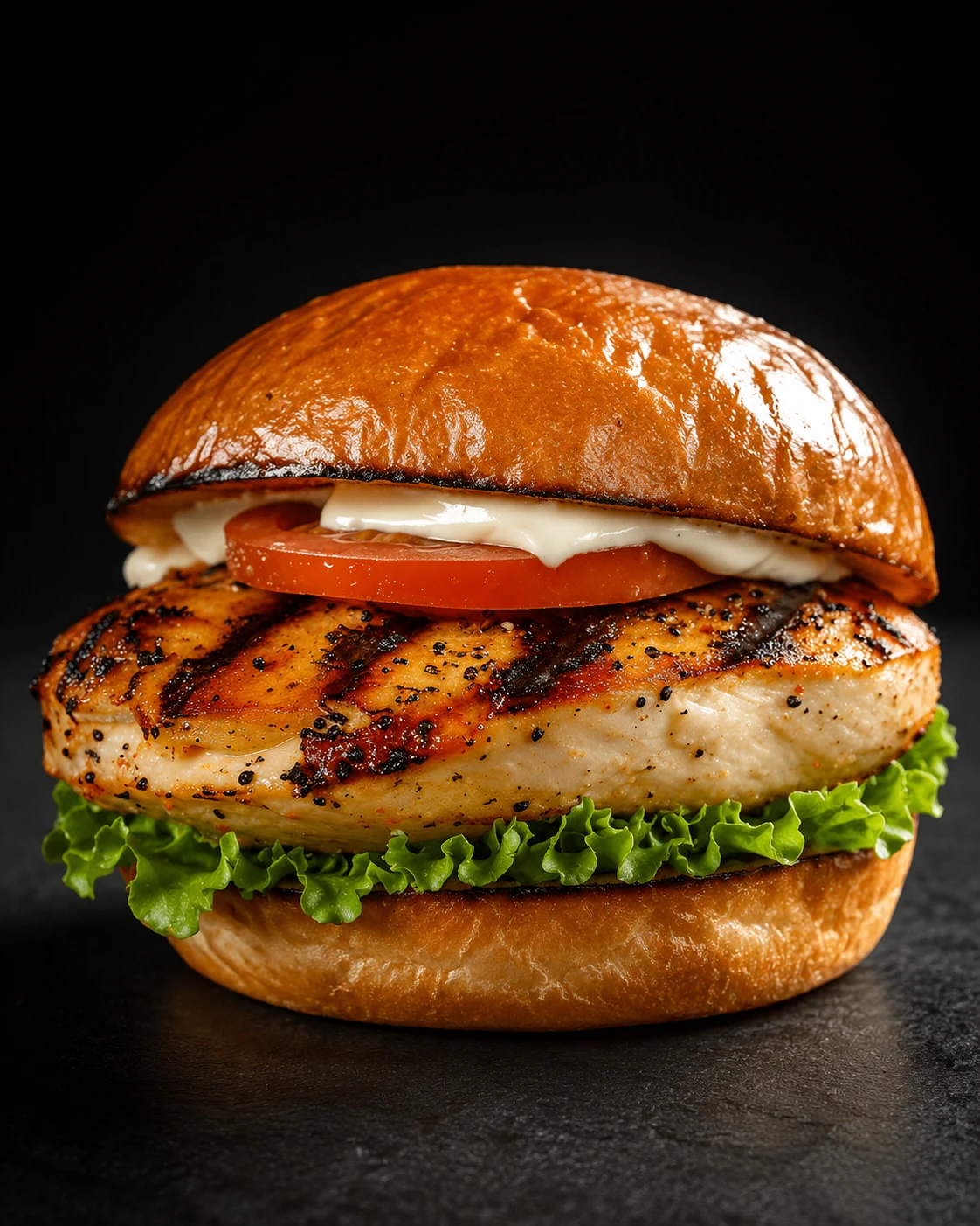 A grilled chicken burger with lettuce, tomato and creamy sauce