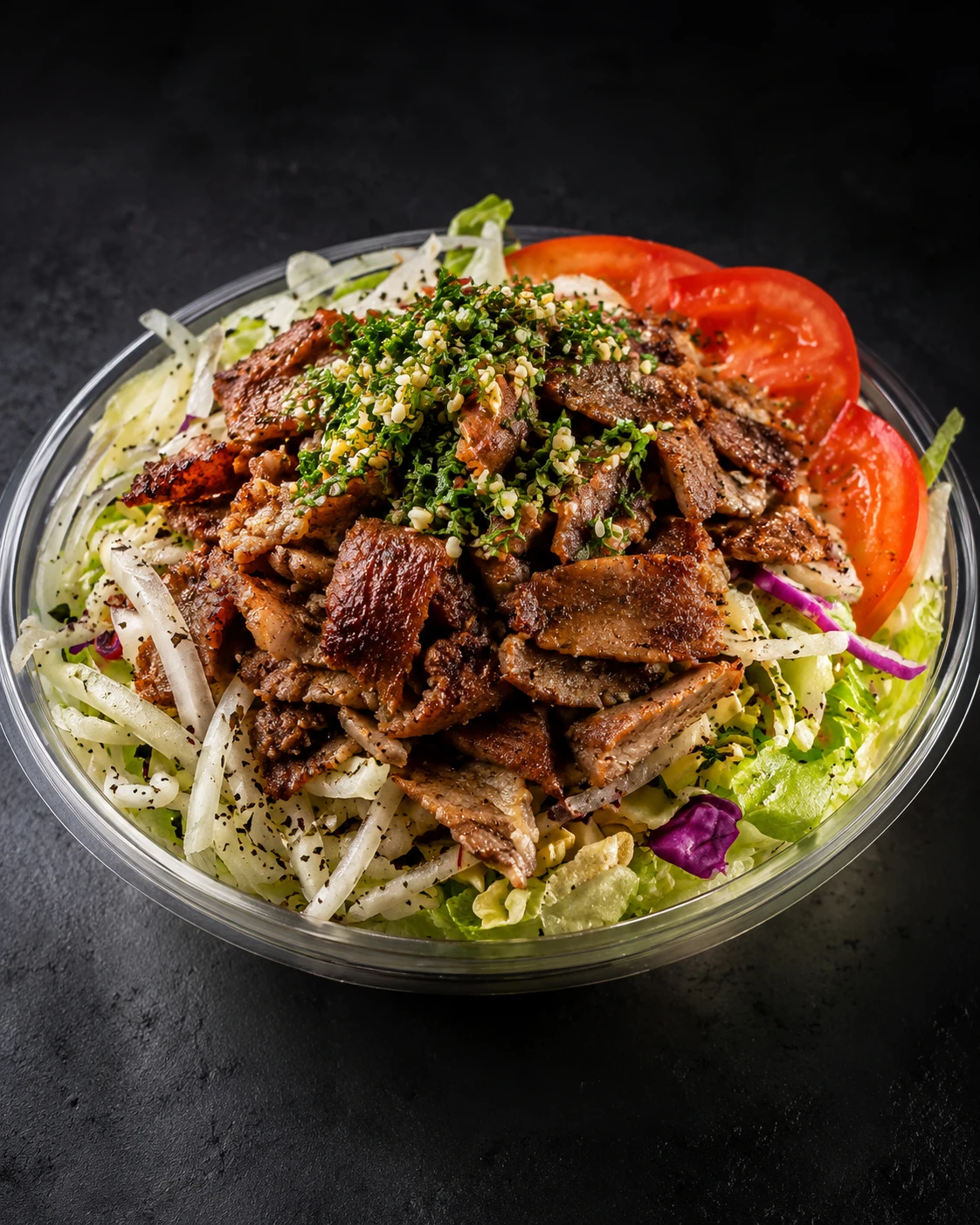 A fresh mixed salad bowl with crisp lettuce, tomato and cucumber, ready to be topped with doner meat